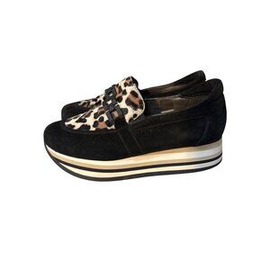Womens Platform Loafers Size 8-8.5 Black Suede & Leopard Print Detail